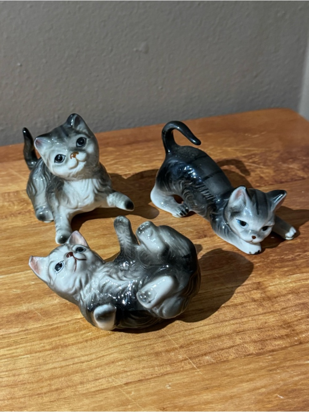 Set of 3 Grey and White Ceramic Kitten Figurines